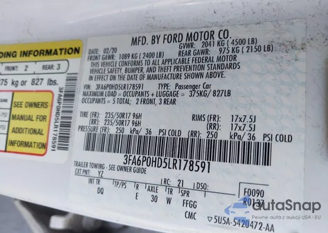 2020 Ford Fusion Se from USA, damaged, VIN 3FA6P0HD5LR178591